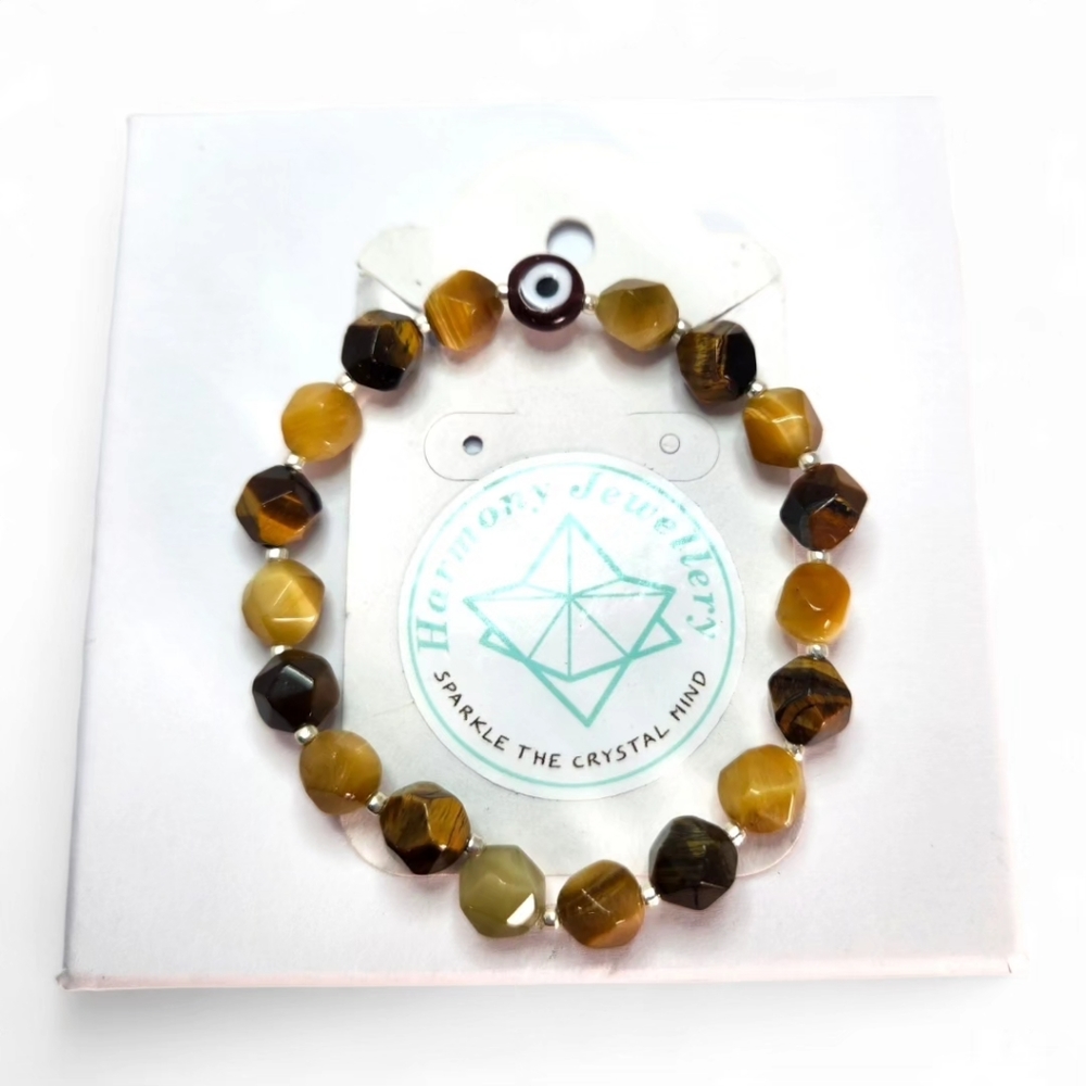 8 mm Faceted Brown and Honey Tiger Eye bracelet with Evil Eye charm